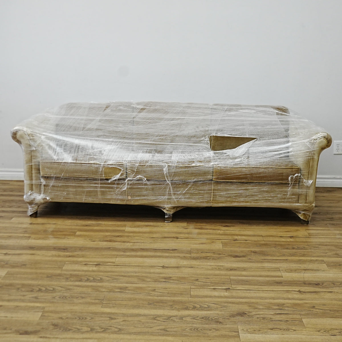 86x34x30 Inch 3-Seater Mustard Fabric Sofa – Rolled Arms, Skirted Base