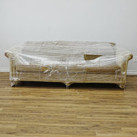 86x34x30 Inch 3-Seater Mustard Fabric Sofa – Rolled Arms, Skirted Base