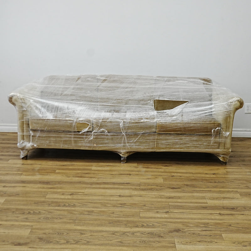 86x34x30 Inch 3-Seater Mustard Fabric Sofa – Rolled Arms, Skirted Base