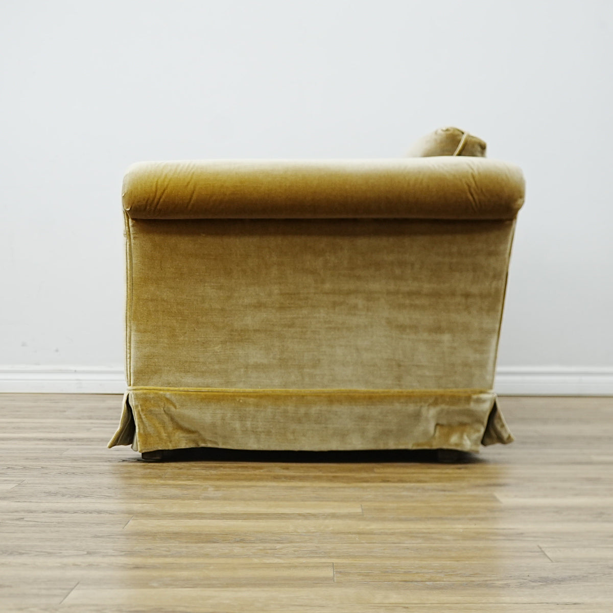 86x34x30 Inch 3-Seater Mustard Fabric Sofa – Rolled Arms, Skirted Base