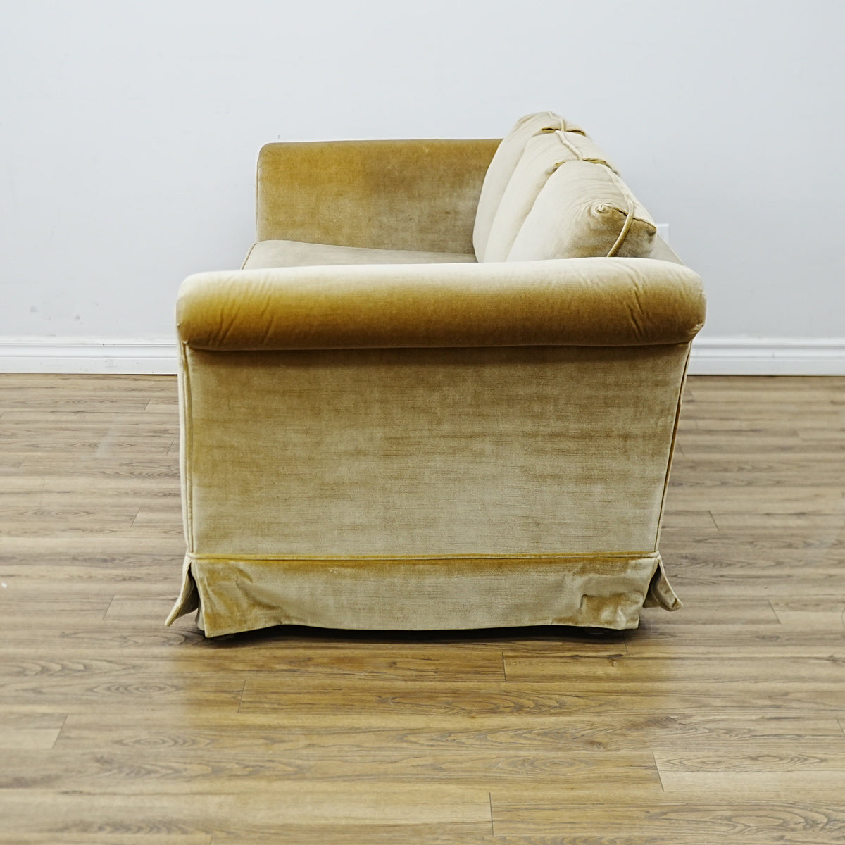 86x34x30 Inch 3-Seater Mustard Fabric Sofa – Rolled Arms, Skirted Base