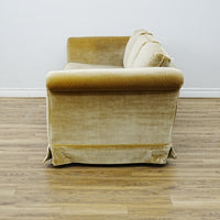 86x34x30 Inch 3-Seater Mustard Fabric Sofa – Rolled Arms, Skirted Base