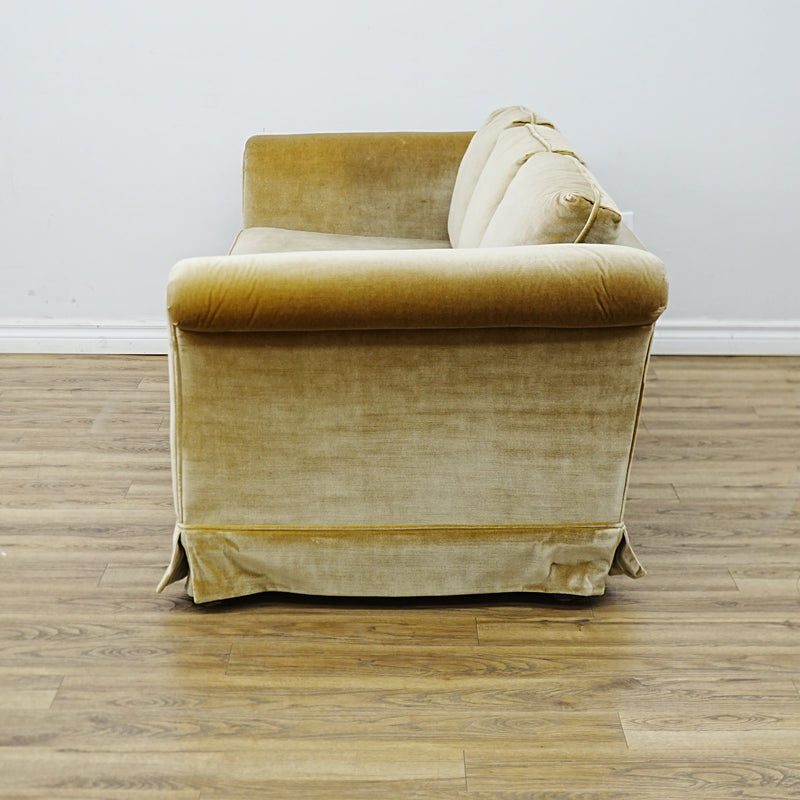 86x34x30 Inch 3-Seater Mustard Fabric Sofa – Rolled Arms, Skirted Base