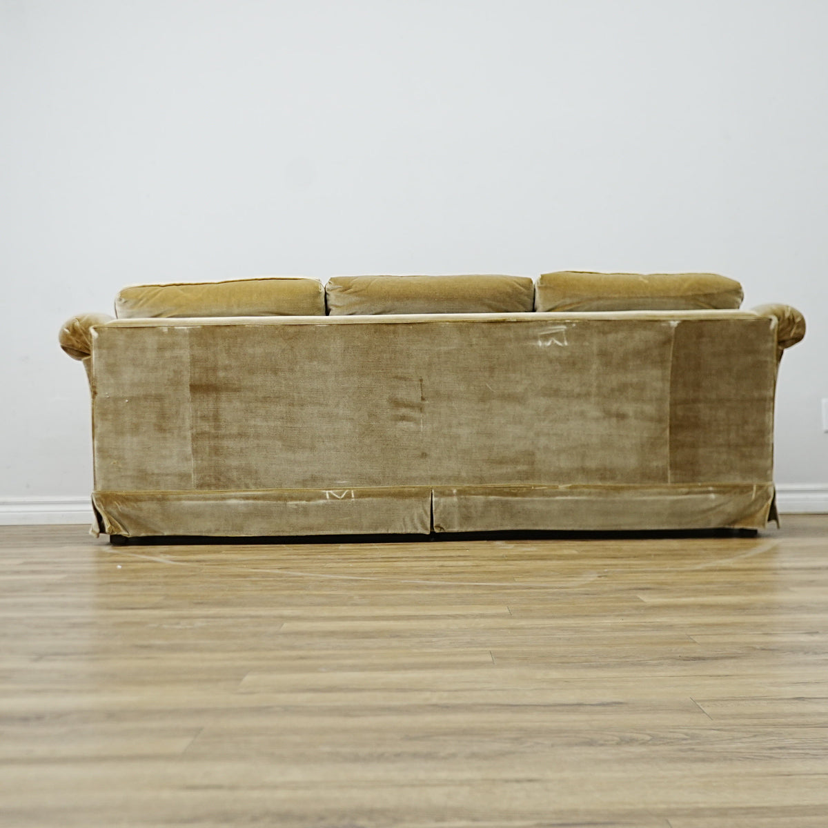 86x34x30 Inch 3-Seater Mustard Fabric Sofa – Rolled Arms, Skirted Base