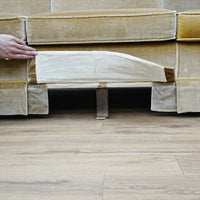 86x34x30 Inch 3-Seater Mustard Fabric Sofa – Rolled Arms, Skirted Base