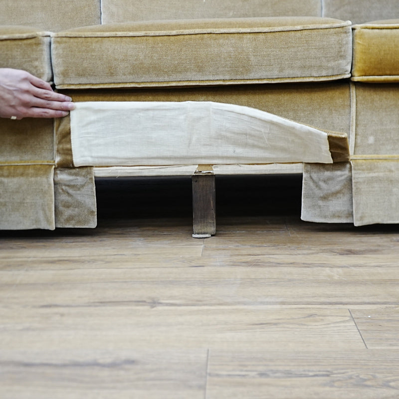 86x34x30 Inch 3-Seater Mustard Fabric Sofa – Rolled Arms, Skirted Base