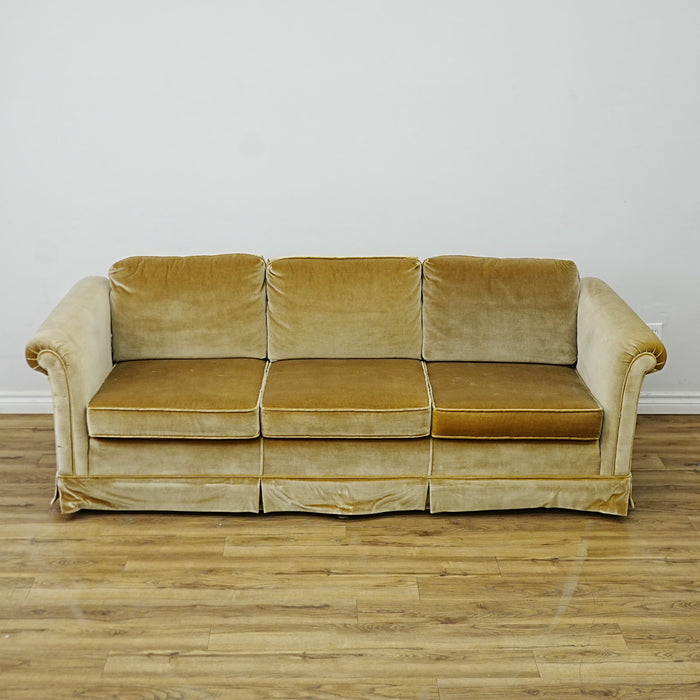 86x34x30 Inch 3-Seater Mustard Fabric Sofa – Rolled Arms, Skirted Base