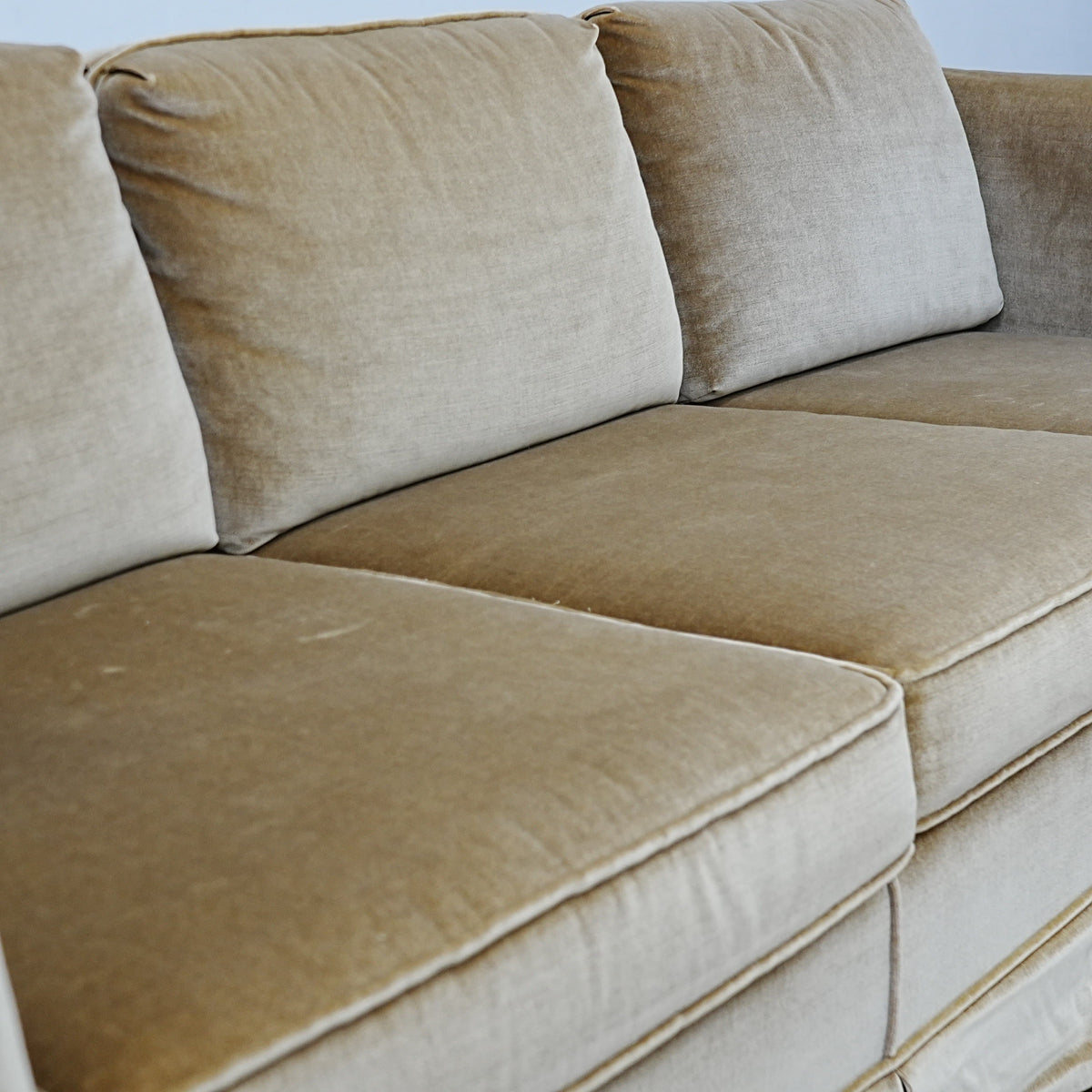 86x34x30 Inch 3-Seater Mustard Fabric Sofa – Rolled Arms, Skirted Base