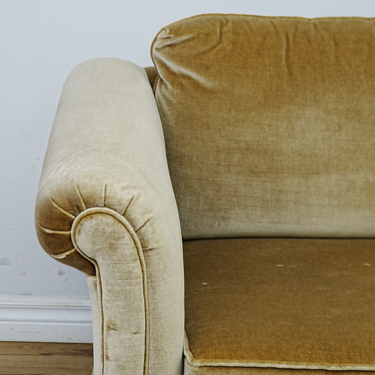 86x34x30 Inch 3-Seater Mustard Fabric Sofa – Rolled Arms, Skirted Base