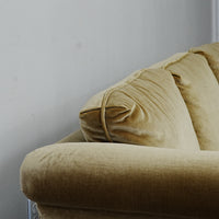 86x34x30 Inch 3-Seater Mustard Fabric Sofa – Rolled Arms, Skirted Base