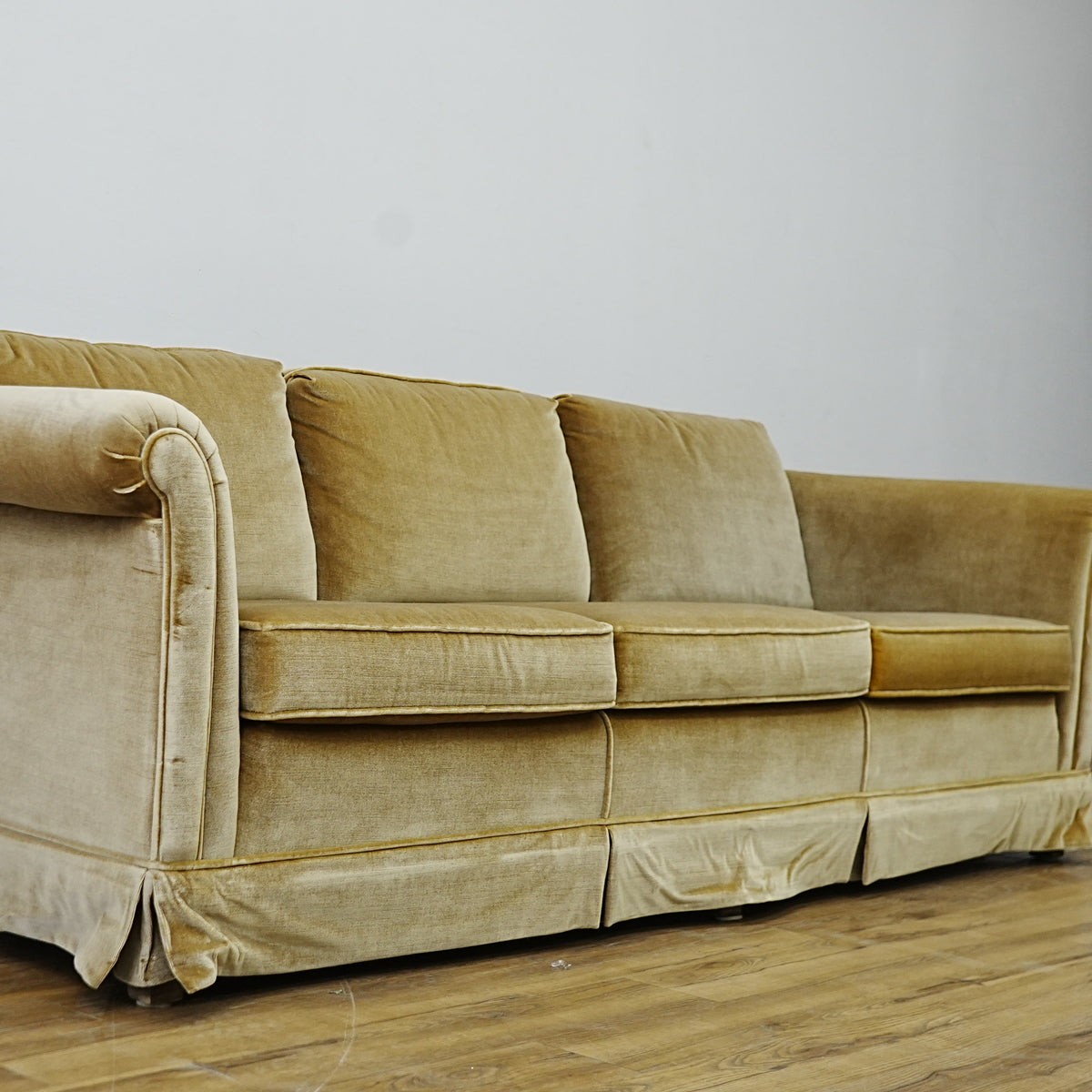 86x34x30 Inch 3-Seater Mustard Fabric Sofa – Rolled Arms, Skirted Base