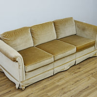 86x34x30 Inch 3-Seater Mustard Fabric Sofa – Rolled Arms, Skirted Base