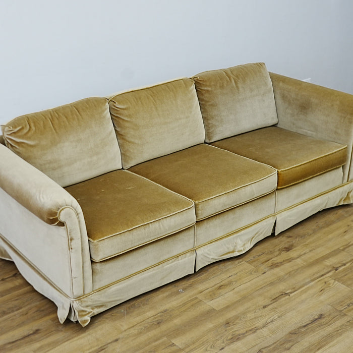 86x34x30 Inch 3-Seater Mustard Fabric Sofa – Rolled Arms, Skirted Base