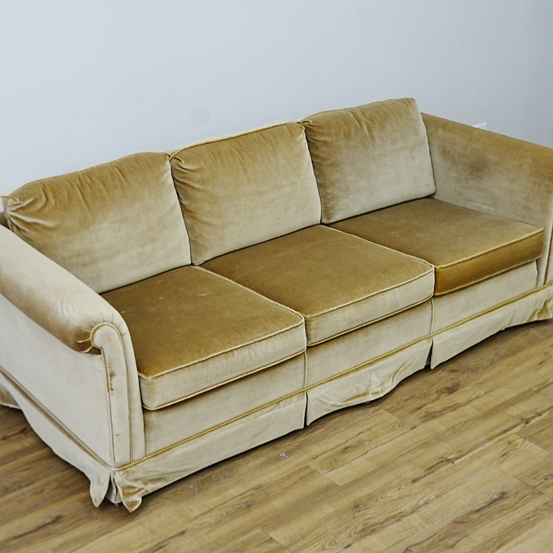 86x34x30 Inch 3-Seater Mustard Fabric Sofa – Rolled Arms, Skirted Base