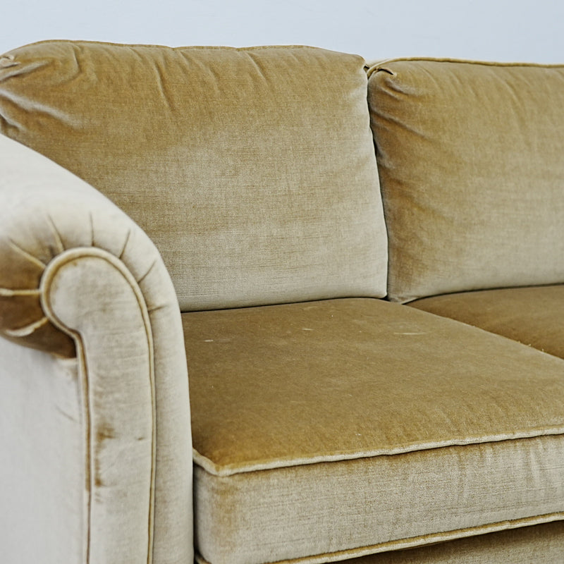 86x34x30 Inch 3-Seater Mustard Fabric Sofa – Rolled Arms, Skirted Base