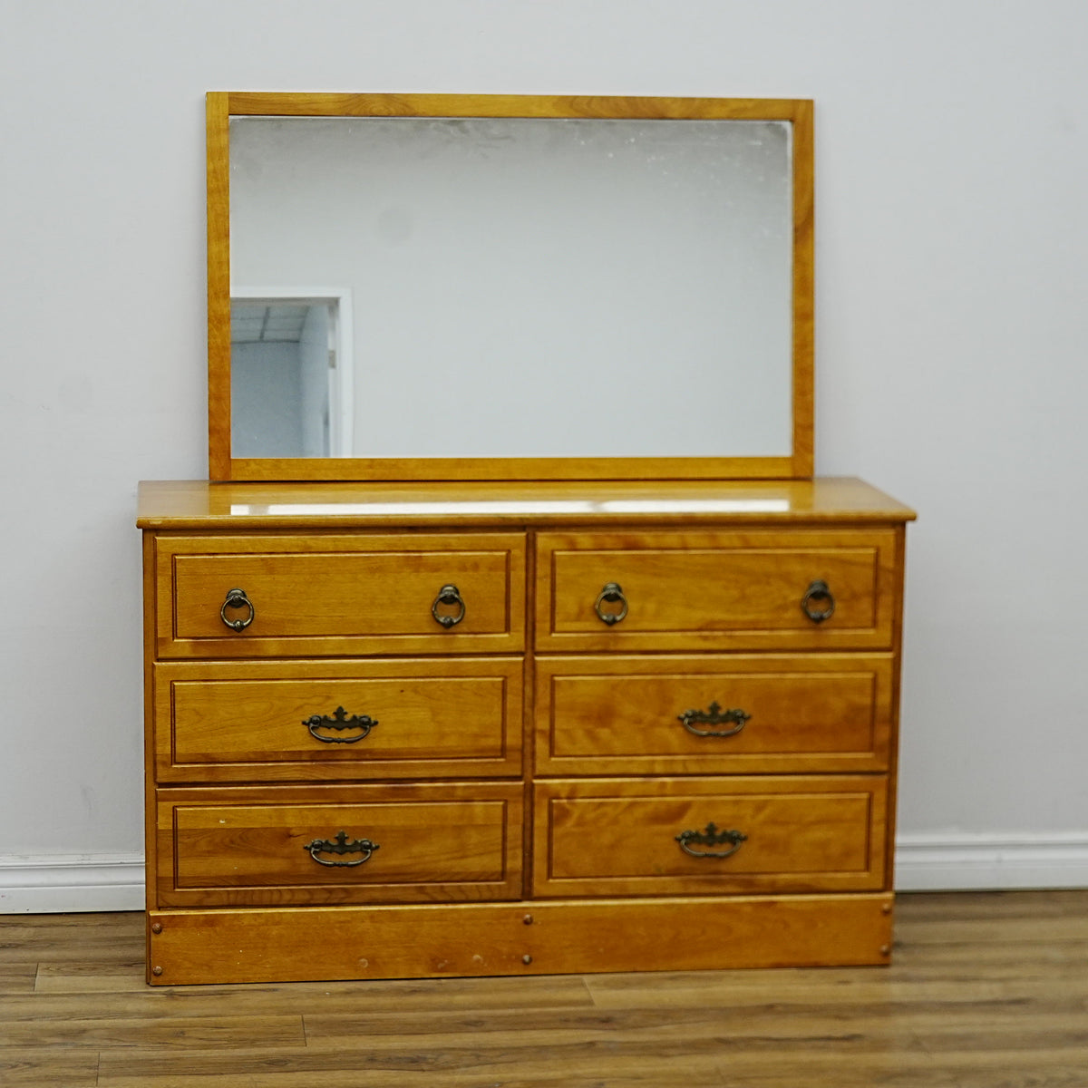 48x16x30-Inch Honey Wooden Dresser with 40x26 Mirror – Ornate Handles