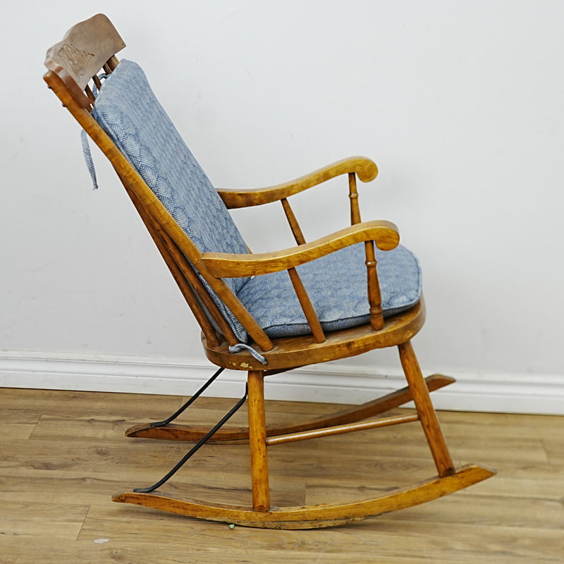 20x31x39-Inch Wooden Rocking Chair – Blue Herringbone Cushions