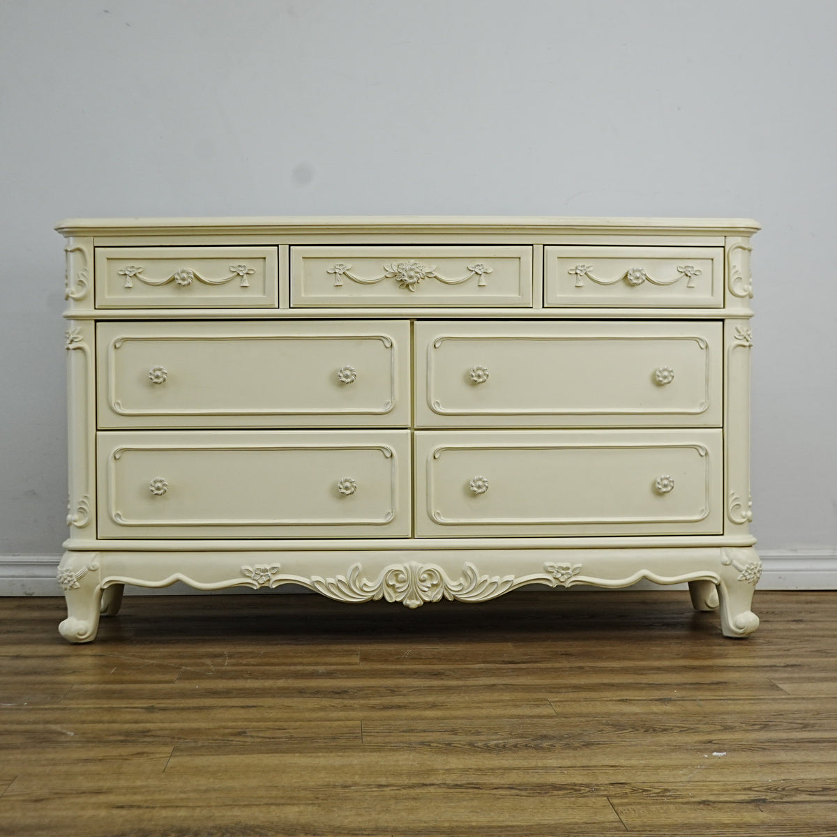 56x18x33-Inch – Victorian Cream Dresser with Ornate Carvings, 7 Drawer
