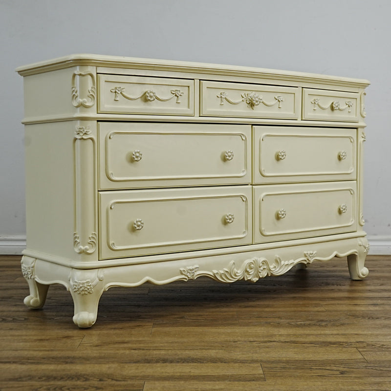 56x18x33-Inch – Victorian Cream Dresser with Ornate Carvings, 7 Drawer