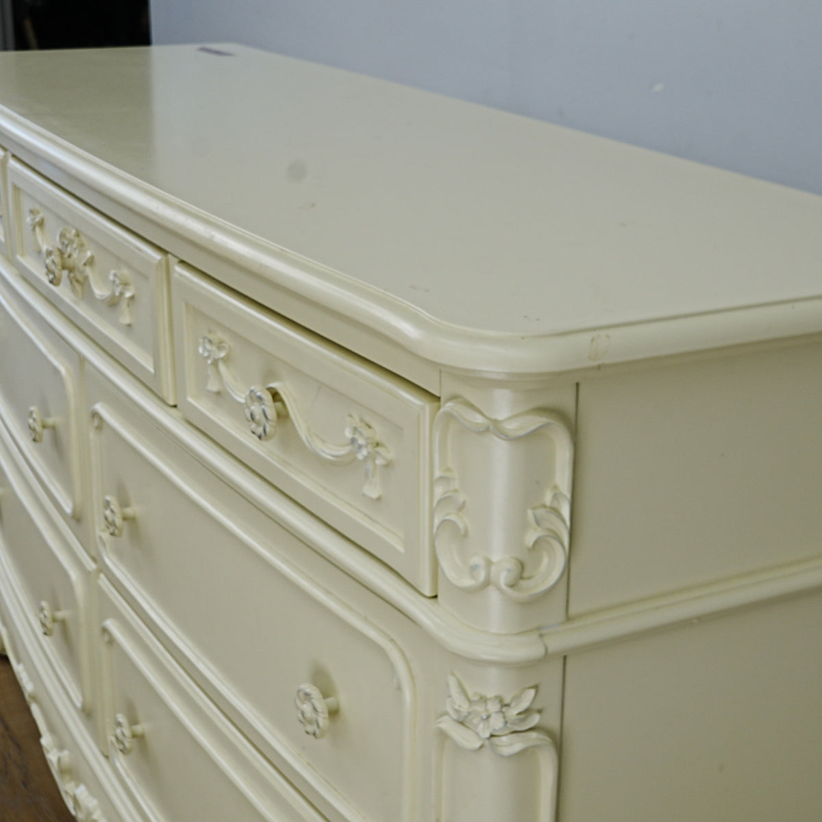56x18x33-Inch – Victorian Cream Dresser with Ornate Carvings, 7 Drawer
