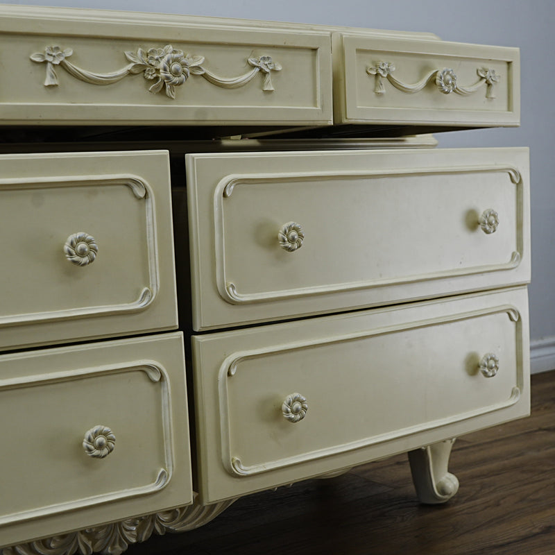 56x18x33-Inch – Victorian Cream Dresser with Ornate Carvings, 7 Drawer