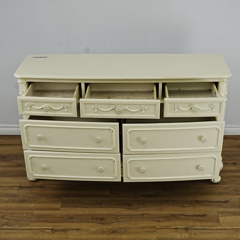 56x18x33-Inch – Victorian Cream Dresser with Ornate Carvings, 7 Drawer