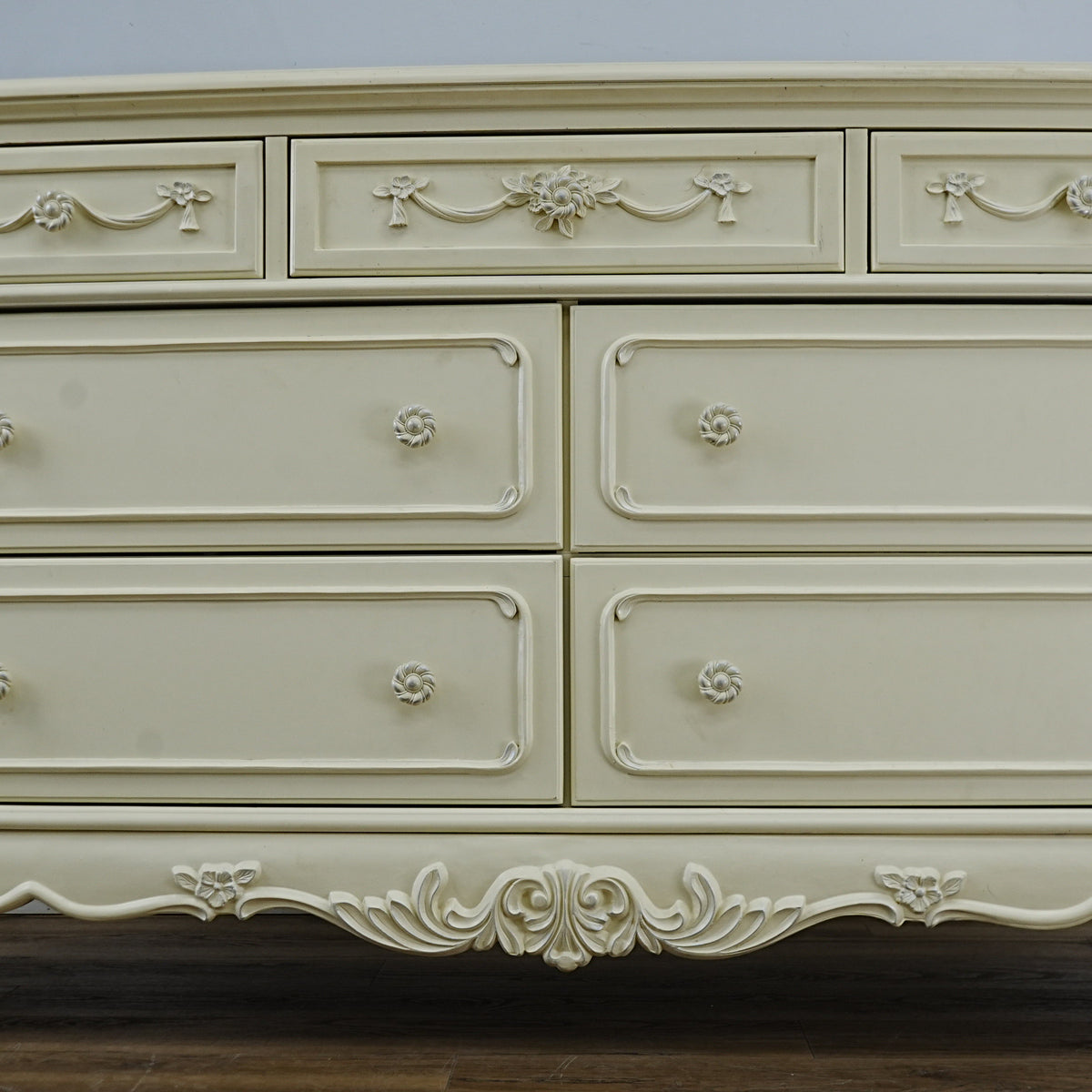 56x18x33-Inch – Victorian Cream Dresser with Ornate Carvings, 7 Drawer