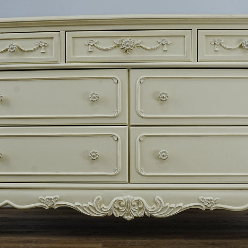 56x18x33-Inch – Victorian Cream Dresser with Ornate Carvings, 7 Drawer