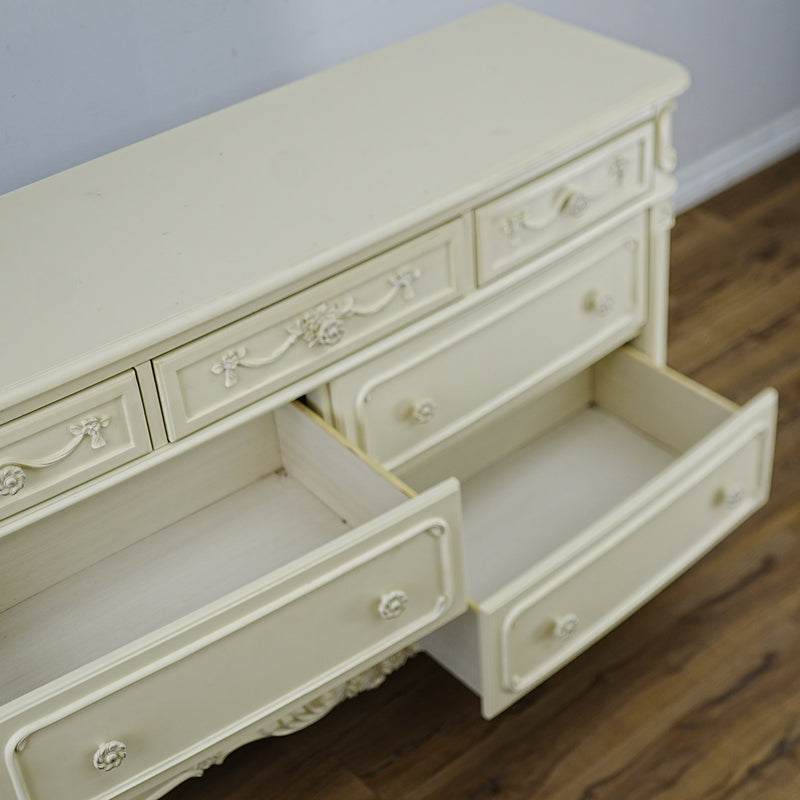 56x18x33-Inch – Victorian Cream Dresser with Ornate Carvings, 7 Drawer