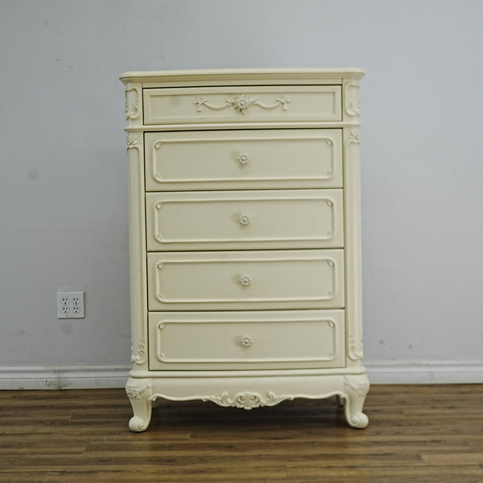 33x18x48-Inch – Victorian Cream Tall Chest with Ornate Carvings, 5 Drawer