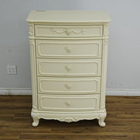 33x18x48-Inch – Victorian Cream Tall Chest with Ornate Carvings, 5 Drawer
