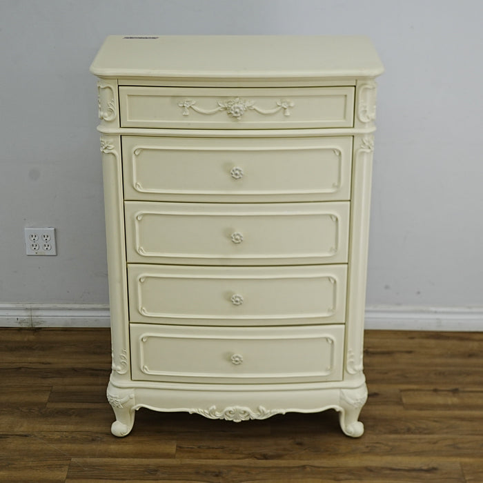 33x18x48-Inch – Victorian Cream Tall Chest with Ornate Carvings, 5 Drawer