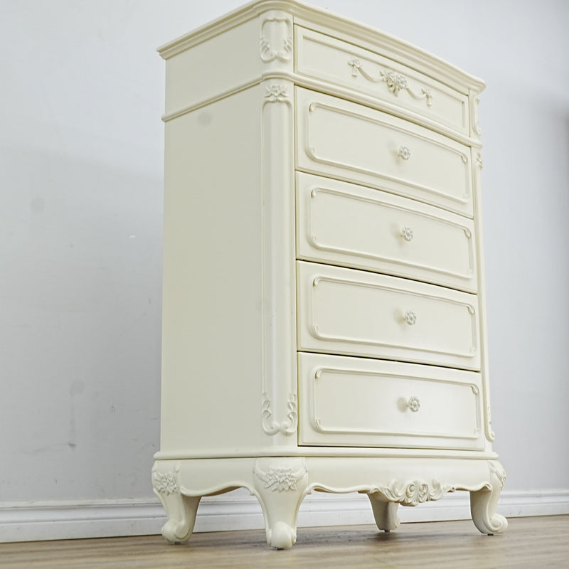 33x18x48-Inch – Victorian Cream Tall Chest with Ornate Carvings, 5 Drawer