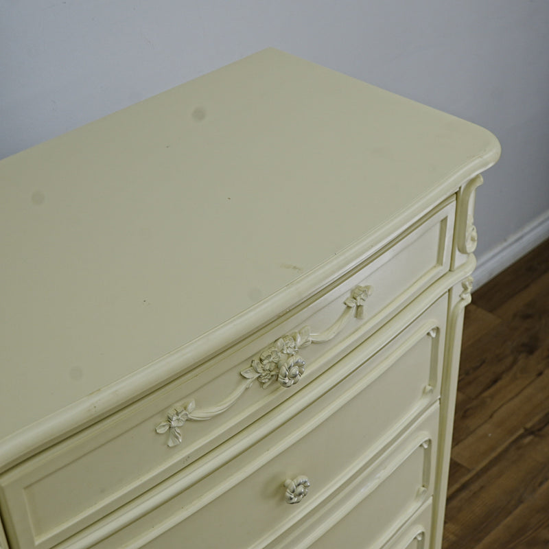 33x18x48-Inch – Victorian Cream Tall Chest with Ornate Carvings, 5 Drawer