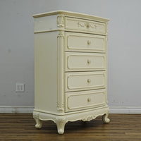 33x18x48-Inch – Victorian Cream Tall Chest with Ornate Carvings, 5 Drawer