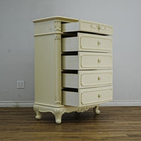 33x18x48-Inch – Victorian Cream Tall Chest with Ornate Carvings, 5 Drawer