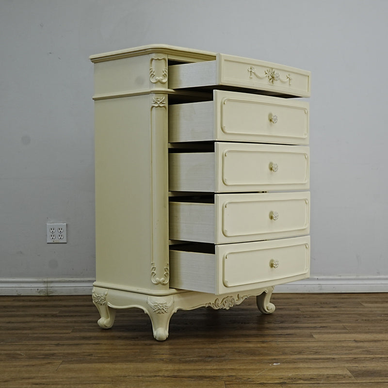 33x18x48-Inch – Victorian Cream Tall Chest with Ornate Carvings, 5 Drawer