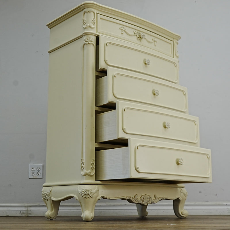 33x18x48-Inch – Victorian Cream Tall Chest with Ornate Carvings, 5 Drawer