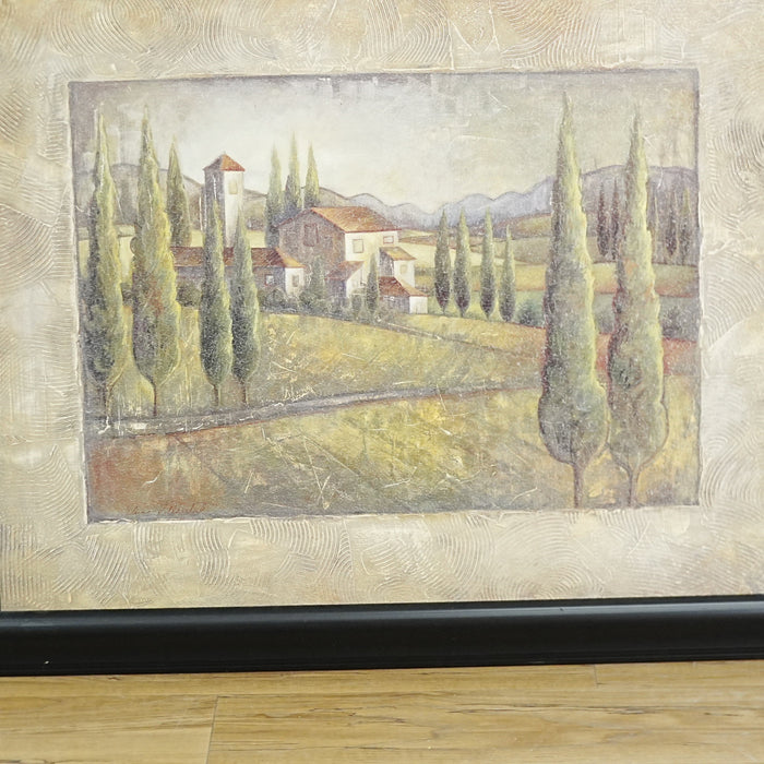12×1×27‑Inch Framed Artwork, Mediterranean Landscape, Cypress Trees