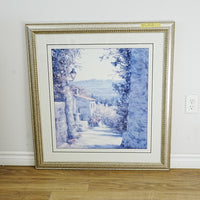 35×1×37‑Inch Framed Artwork – Blue Monochrome Village, Ornate Frame