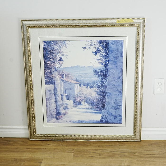 35×1×37‑Inch Framed Artwork – Blue Monochrome Village, Ornate Frame