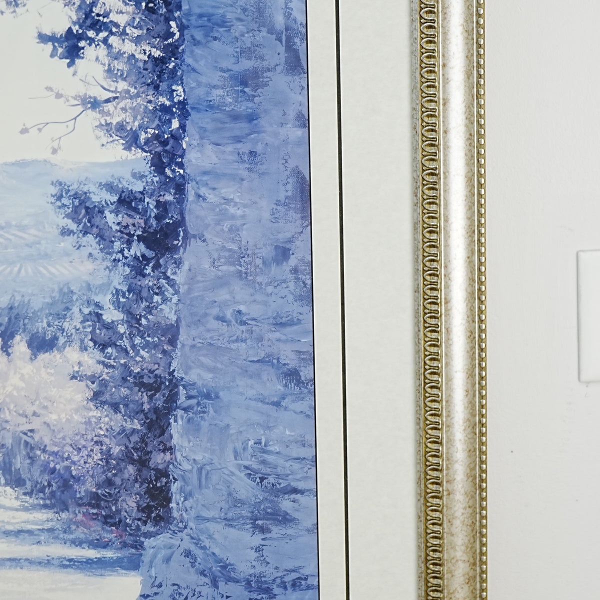 35×1×37‑Inch Framed Artwork – Blue Monochrome Village, Ornate Frame