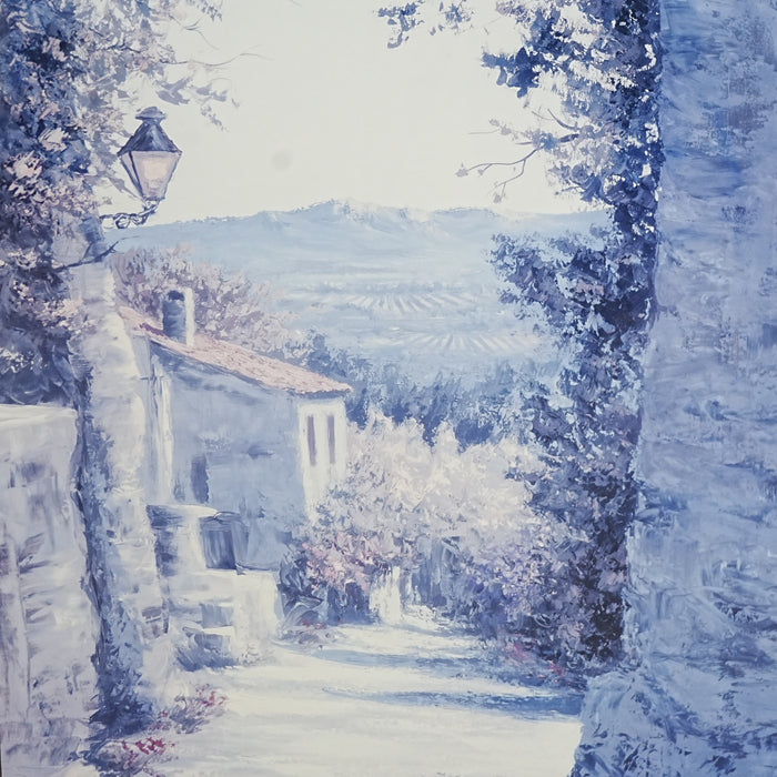 35×1×37‑Inch Framed Artwork – Blue Monochrome Village, Ornate Frame