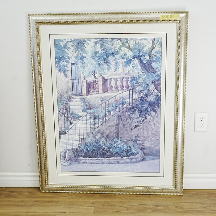 35×1×42‑Inch Framed Artwork – Garden Staircase with Terrace and Trees
