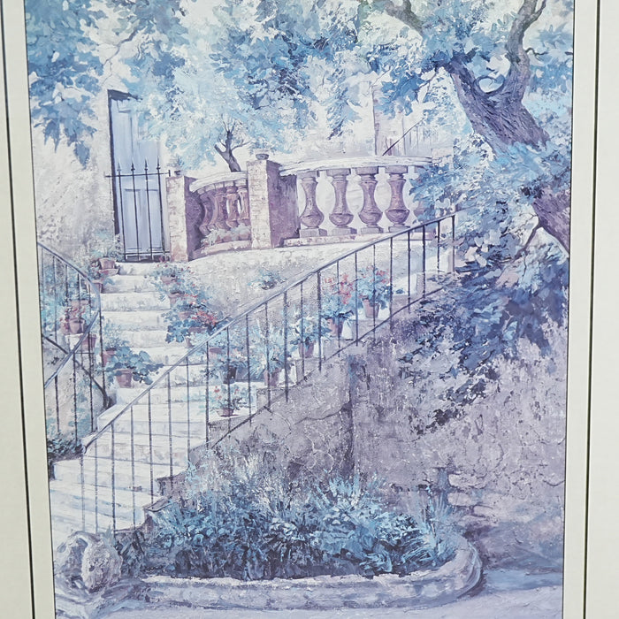 35×1×42‑Inch Framed Artwork – Garden Staircase with Terrace and Trees