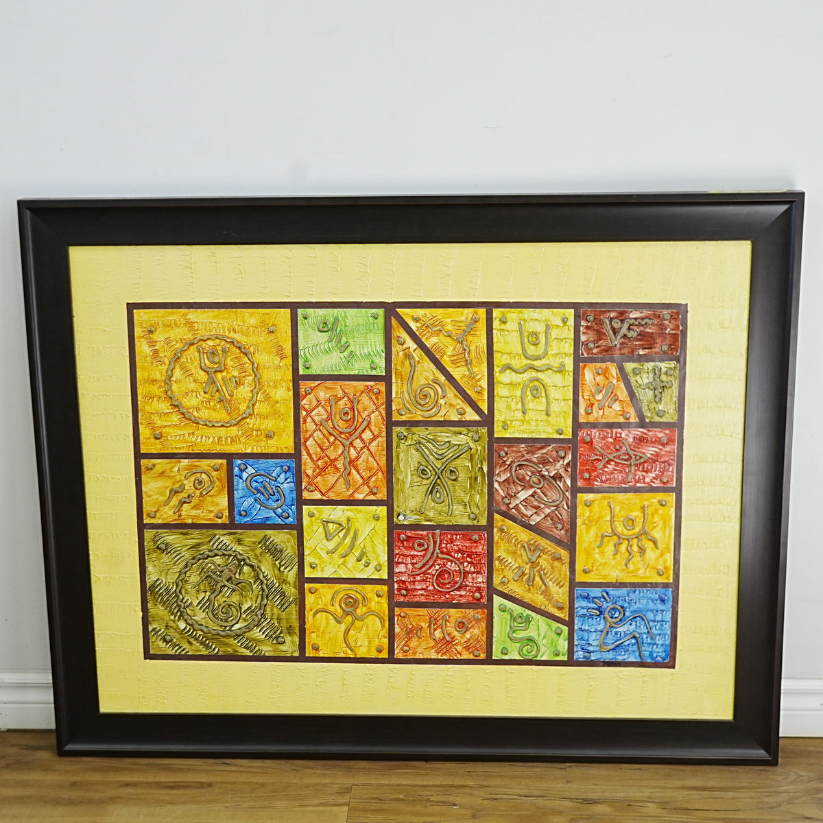 45×2×35‑Inch Framed Artwork – Abstract Symbolic Grid with Tribal Motifs