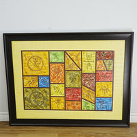 45×2×35‑Inch Framed Artwork – Abstract Symbolic Grid with Tribal Motifs