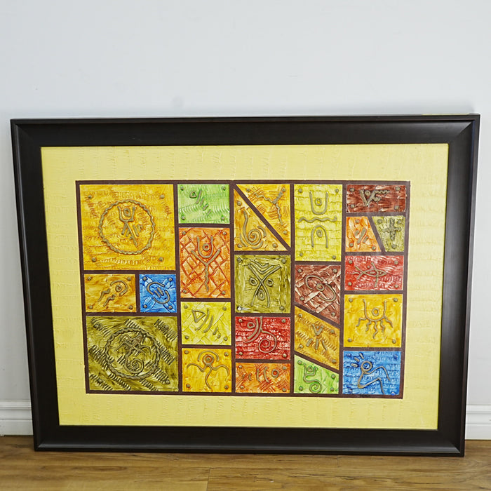 45×2×35‑Inch Framed Artwork – Abstract Symbolic Grid with Tribal Motifs