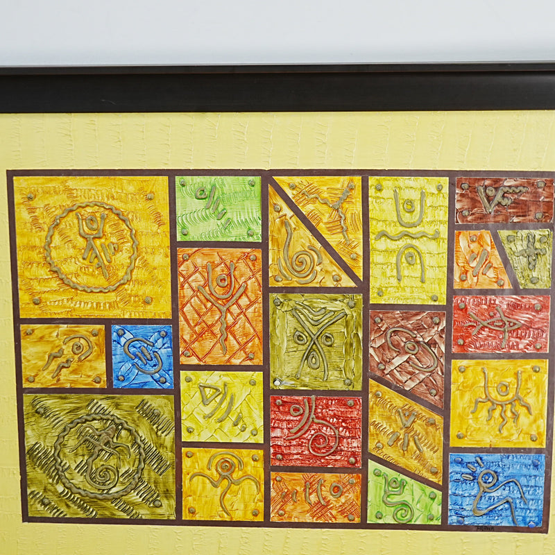 45×2×35‑Inch Framed Artwork – Abstract Symbolic Grid with Tribal Motifs