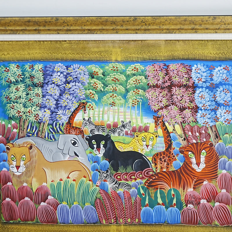 45×1×36‑Inch Framed Artwork – Vibrant Jungle Scene with Wildlife